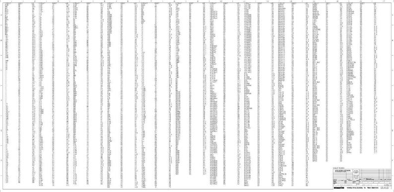 May include: A detailed technical drawing on a large white sheet. The drawing features numerous vertical columns of text and symbols, with a small title block in the bottom right corner. The overall design is precise and intricate.