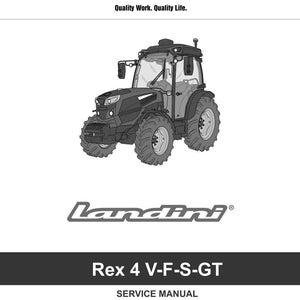 May include: A black and gray tractor with large tires is featured on a white background. The tractor has a cab and is labeled "Landini Rex 4 V-F-S-GT." The image also includes the text "ARGO TRACTORS Quality Work. Quality Life."