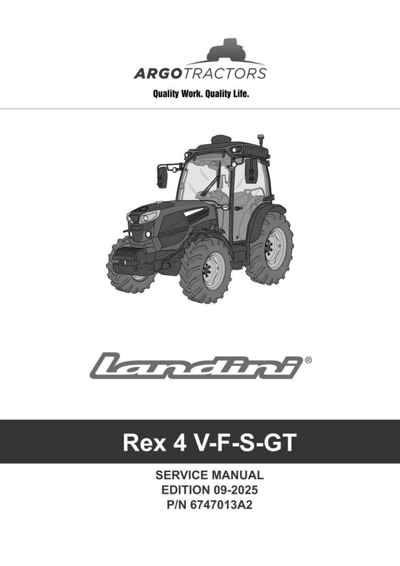 May include: A black and gray tractor with large tires is featured on a white background. The tractor has a cab and is labeled "Landini Rex 4 V-F-S-GT." The image also includes the text "ARGO TRACTORS Quality Work. Quality Life."