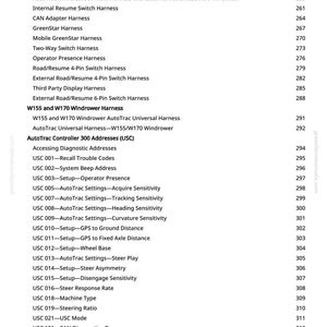 May include: A printed page from a manual, listing various AutoTrac and GreenStar harness and setting options. The text includes headings like "AutoTrac Controller 300 Addresses" and "Accessing Diagnostic Addresses."