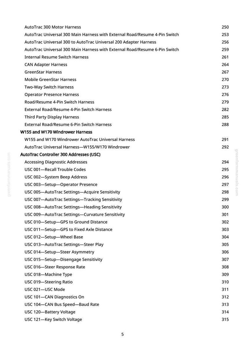 May include: A printed page from a manual, listing various AutoTrac and GreenStar harness and setting options. The text includes headings like "AutoTrac Controller 300 Addresses" and "Accessing Diagnostic Addresses."