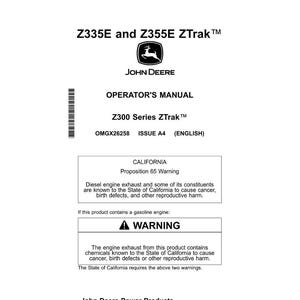 Puede incluir: Manual del operador blanco para cortac&eacute;spedes Z300 Series ZTrak. La portada presenta el logotipo de John Deere y el texto "Z335E y Z355E ZTrak". Incluye una advertencia de la Proposici&oacute;n 65 de California.