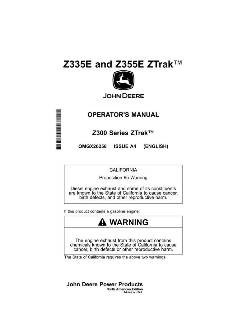 Puede incluir: Manual del operador blanco para cortac&eacute;spedes Z300 Series ZTrak. La portada presenta el logotipo de John Deere y el texto "Z335E y Z355E ZTrak". Incluye una advertencia de la Proposici&oacute;n 65 de California.