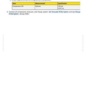 May include: A manual page with instructions for automotive maintenance. It specifies the amount of compressor oil needed as 135 ml or 4.6 fl. oz. The text also refers to related procedures for the vehicle.