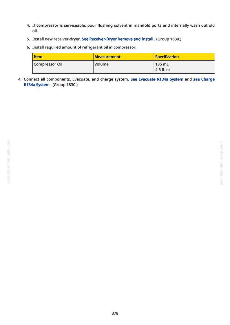 May include: A manual page with instructions for automotive maintenance. It specifies the amount of compressor oil needed as 135 ml or 4.6 fl. oz. The text also refers to related procedures for the vehicle.