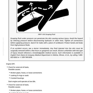May include: A safety document with a black and white graphic of a hand with arrows indicating escaping fluid. The text warns of potential injury from escaping fluid under pressure and provides safety instructions.
