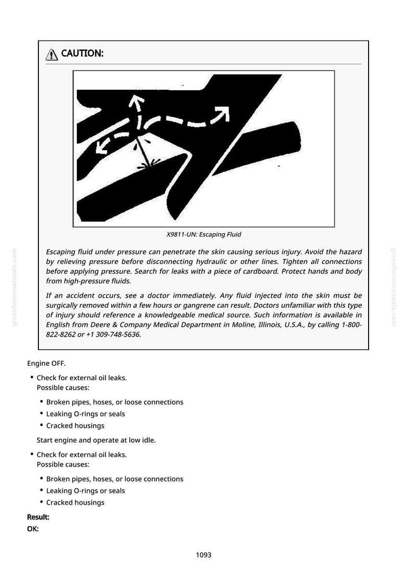 May include: A safety document with a black and white graphic of a hand with arrows indicating escaping fluid. The text warns of potential injury from escaping fluid under pressure and provides safety instructions.