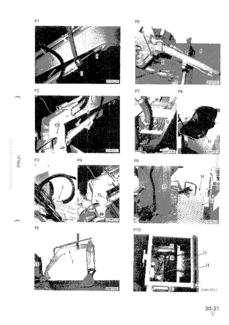 May include: A technical diagram with multiple detailed views of machinery components. The images are black and white, showing various parts labeled with numbers. The diagram includes text and a Komatsu manual logo.