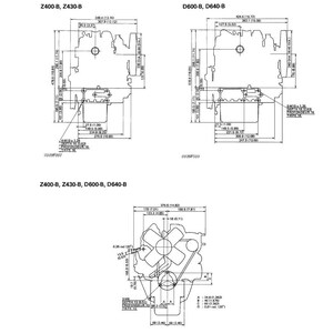 May include: Technical diagrams of Z400-B, Z430-B, D600-B, and D640-B engines, featuring detailed dimensional drawings. Measurements are in inches, with annotations and labels for various engine components. Includes multiple views and cross-sections.