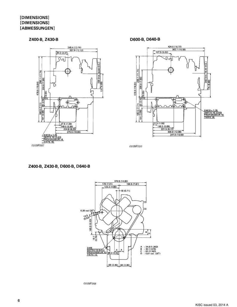 May include: Technical diagrams of Z400-B, Z430-B, D600-B, and D640-B engines, featuring detailed dimensional drawings. Measurements are in inches, with annotations and labels for various engine components. Includes multiple views and cross-sections.