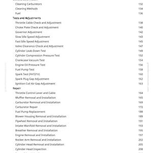 Peut inclure: Une page de manuel avec une table des mati&egrave;res pour la r&eacute;paration et l'entretien des carburateurs. Le texte comprend des sections sur les informations g&eacute;n&eacute;rales, les tests, les r&eacute;glages et les proc&eacute;dures de r&eacute;paration. Les num&eacute;ros de page sont list&eacute;s.