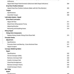 Puede incluir: Una p&aacute;gina blanca con un &iacute;ndice para un manual de reparaci&oacute;n de m&aacute;quinas. El texto incluye secciones sobre cubos de rueda, indicadores de balas, lubricaci&oacute;n, reparaci&oacute;n de la recogida y atado de red, con n&uacute;meros de p&aacute;gina.