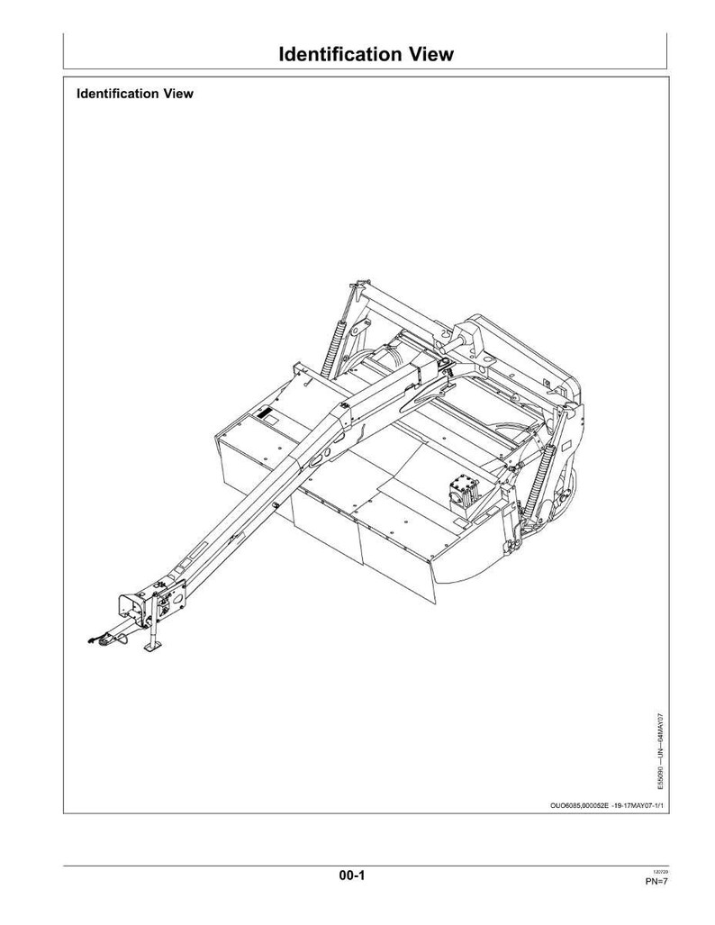 Op de afbeelding: Zwart-wit diagram van een landbouwmachine, met een identificatieoverzicht. De lijntekening toont de verschillende componenten en hun opstelling. De tekst "Identification View" staat bovenaan.