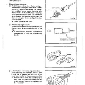 May include: Diagrams and instructions for removing, installing, and drying connectors and wiring harnesses. Includes illustrations of connector types, removal steps, and safety precautions. Text includes "TROUBLESHOOTING" and "POINTS TO REMEMBER".