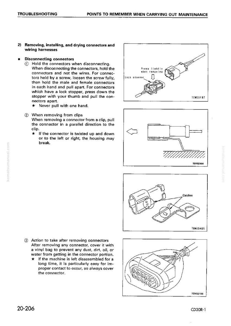 May include: Diagrams and instructions for removing, installing, and drying connectors and wiring harnesses. Includes illustrations of connector types, removal steps, and safety precautions. Text includes "TROUBLESHOOTING" and "POINTS TO REMEMBER".