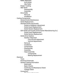 May include: A detailed list of maintenance procedures and components, including draper replacement, roller alignment, sickle replacement, and electrical checks. The text is in black font on a white background.