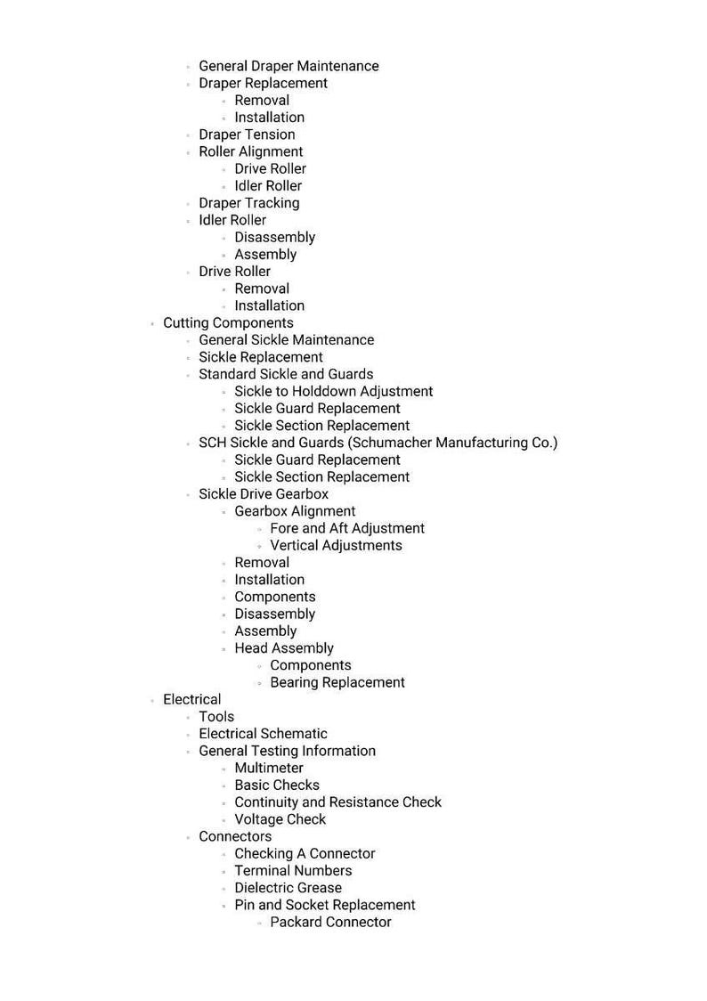 May include: A detailed list of maintenance procedures and components, including draper replacement, roller alignment, sickle replacement, and electrical checks. The text is in black font on a white background.