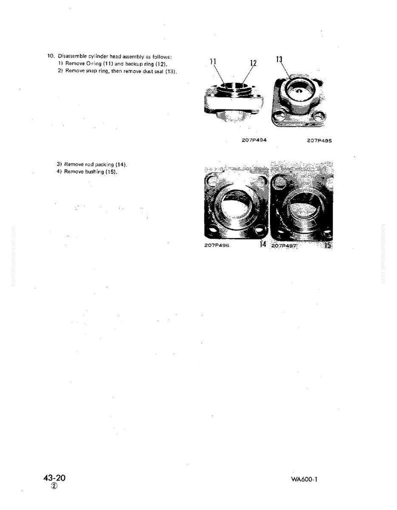 May include: Diagram of cylinder head assembly components, including O-ring, backup ring, snap ring, dust seal, rod packing, and bushing. The image includes labels and part numbers for each component.
