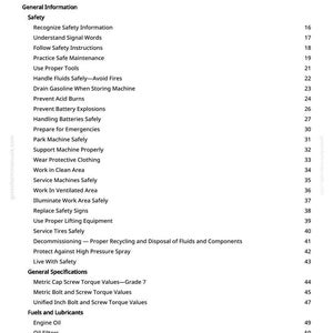 May include: A detailed table of contents from a manual, listing safety procedures, general information, and specifications. The document includes sections on safety, fuels, lubricants, and general specifications. The page numbers are visible.
