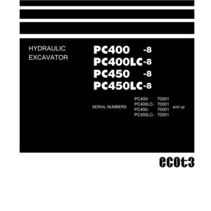 May include: A black and white shop manual for hydraulic excavators. The manual includes model numbers PC400, PC400LC-8, PC450, and PC450LC-8. The Komatsu logo is at the bottom.