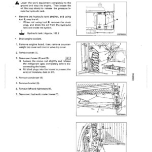 May include: A technical diagram detailing the removal of a radiator and hydraulic oil cooler assembly. The black and white illustration includes numbered steps and diagrams of components, with text instructions and safety warnings. The text includes measurements in pounds.