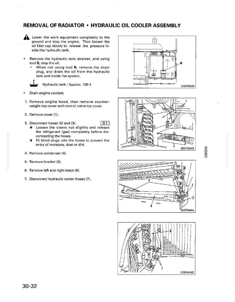 May include: A technical diagram detailing the removal of a radiator and hydraulic oil cooler assembly. The black and white illustration includes numbered steps and diagrams of components, with text instructions and safety warnings. The text includes measurements in pounds.