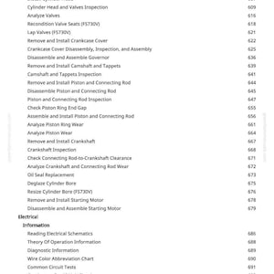 Peut inclure: Une page de manuel avec une liste de proc&eacute;dures de r&eacute;paration de moteur, dont "Retirer la culasse" et "Analyser les soupapes". Le num&eacute;ro de page est 9. L'adresse du site web greenfammanuals.com est visible.