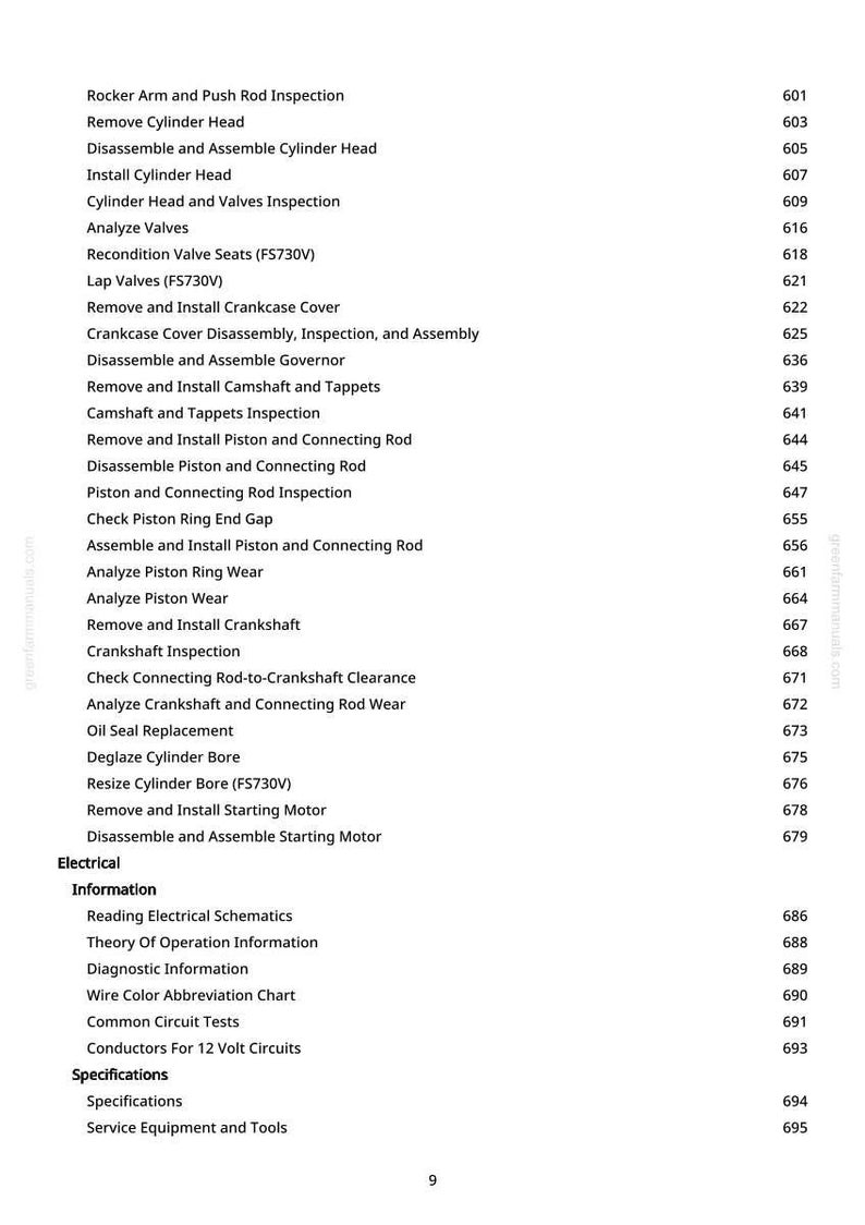 Peut inclure: Une page de manuel avec une liste de proc&eacute;dures de r&eacute;paration de moteur, dont "Retirer la culasse" et "Analyser les soupapes". Le num&eacute;ro de page est 9. L'adresse du site web greenfammanuals.com est visible.