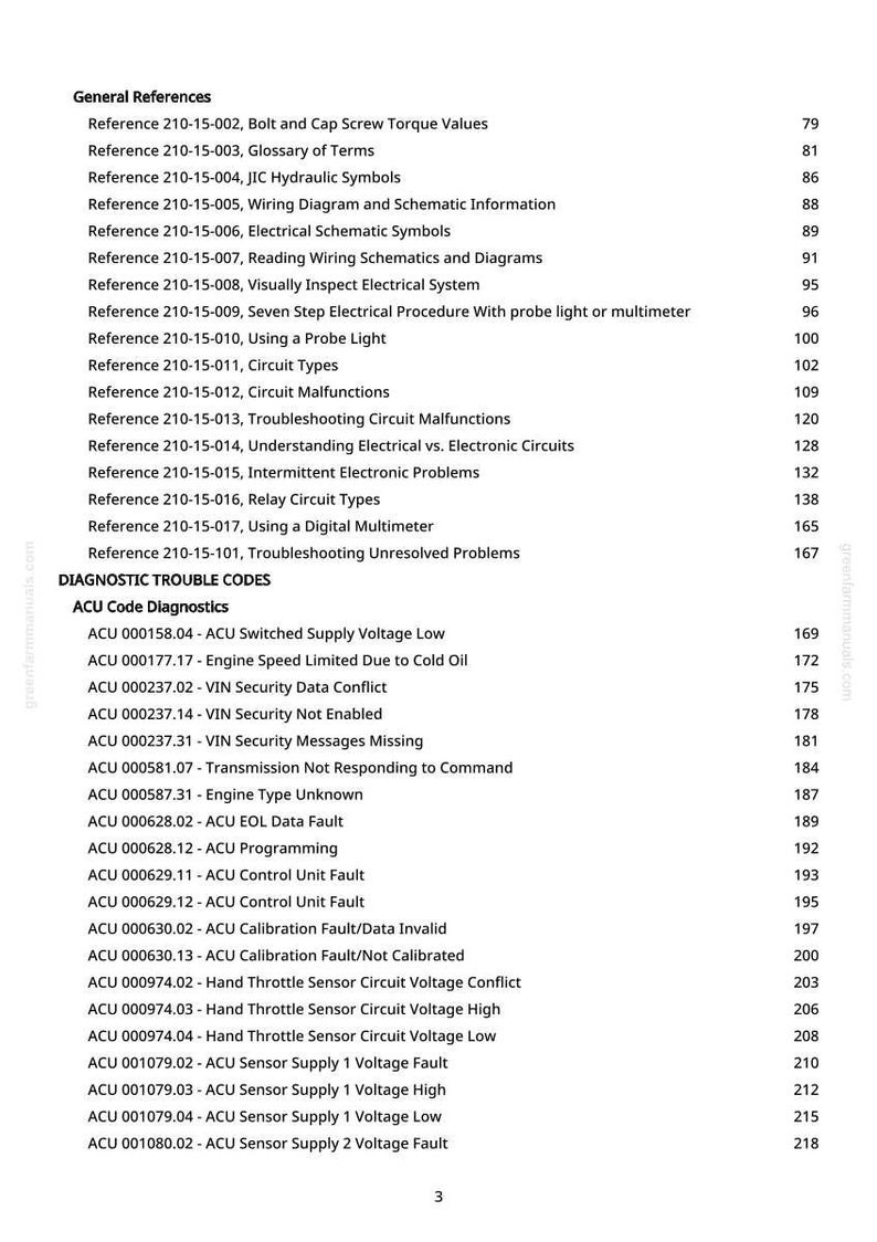 May include: A manual page detailing general references and diagnostic trouble codes. The content includes topics such as wiring diagrams, circuit malfunctions, and ACU diagnostics. The page is white with black text, and includes page numbers.
