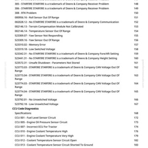 May include: A detailed list of Deere & Company receiver problems, sensor diagnostics, and tractor error codes. The document includes various STARFIRE STARFIRE issues, voltage problems, and coolant temperature warnings. The text is displayed in a vertical format.