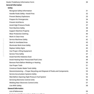 May include: A white page with a black table of contents for a manual. The title is "Table of Contents". The list includes safety information, general information, and references. Page numbers are listed on the right.