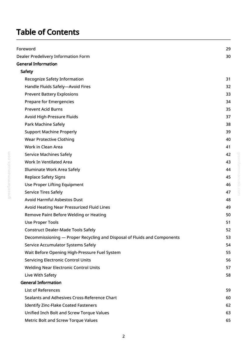 May include: A white page with a black table of contents for a manual. The title is "Table of Contents". The list includes safety information, general information, and references. Page numbers are listed on the right.