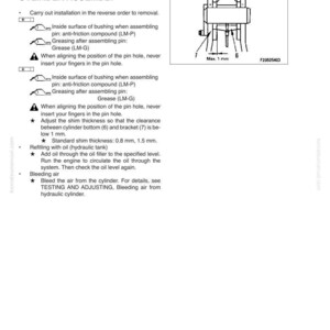 May include: Diagram of arm cylinder assembly installation instructions. Includes text instructions for bushing, greasing, and shim adjustments. A diagram shows the cylinder with measurements in millimeters.