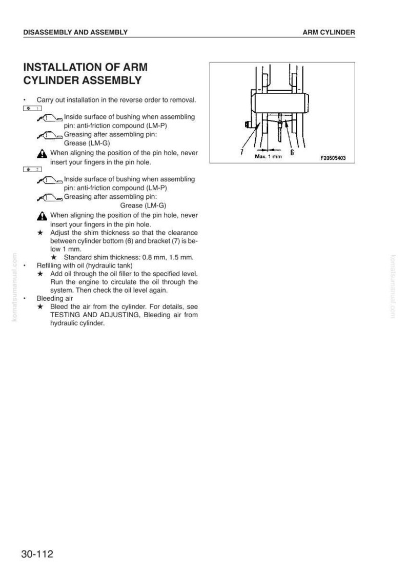 May include: Diagram of arm cylinder assembly installation instructions. Includes text instructions for bushing, greasing, and shim adjustments. A diagram shows the cylinder with measurements in millimeters.