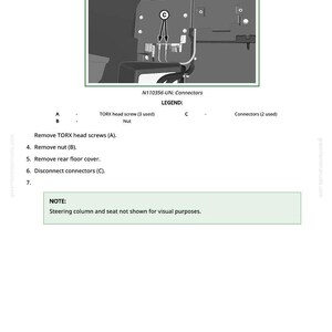 May include: Diagram of automotive connectors with labels. The image includes a close-up of the connectors, labeled A, B, and C, with a note about the steering column and seat not being shown. Text indicates the type and quantity of screws and connectors.