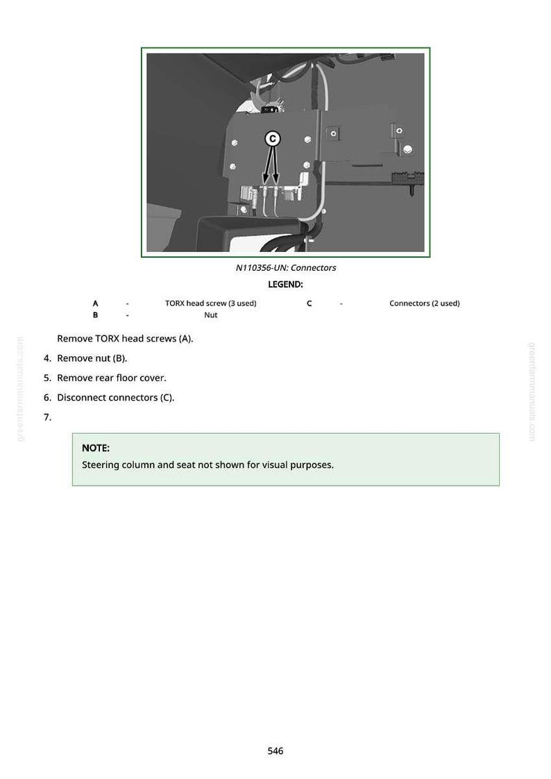 May include: Diagram of automotive connectors with labels. The image includes a close-up of the connectors, labeled A, B, and C, with a note about the steering column and seat not being shown. Text indicates the type and quantity of screws and connectors.
