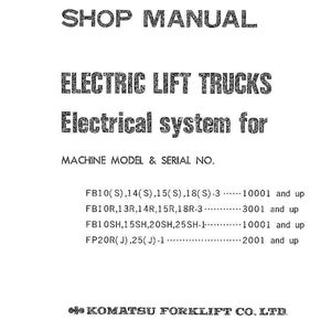 Op de afbeelding: Werkplaatshandboek voor elektrische heftrucks, elektrisch systeem. Bevat informatie over machinemodel en serienummer. Voorzien van het logo van Komatsu Forklift Co. Ltd.