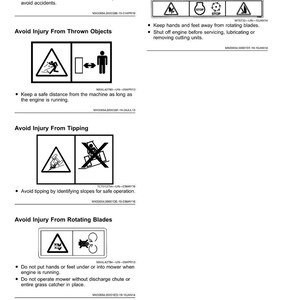 May include: A page of safety labels without text, displaying warning symbols and instructions. The labels cover potential hazards such as revolving blades, thrown objects, tipping, and rotating blades. The page includes a warning to read the operator's manual.