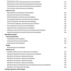 May include: A page from a manual with a list of tractor repair procedures. The text includes topics like hydraulic lines, wheel removal, and mid-mount lift adjustments. The page number is 7.