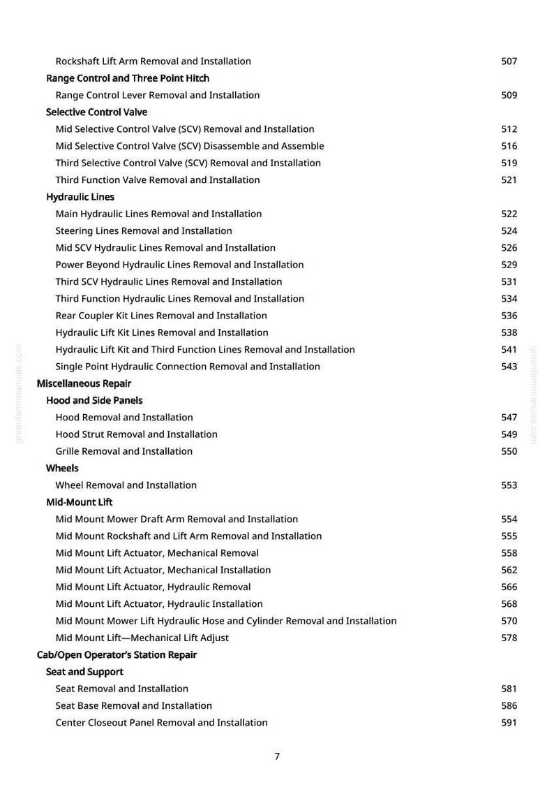 May include: A page from a manual with a list of tractor repair procedures. The text includes topics like hydraulic lines, wheel removal, and mid-mount lift adjustments. The page number is 7.