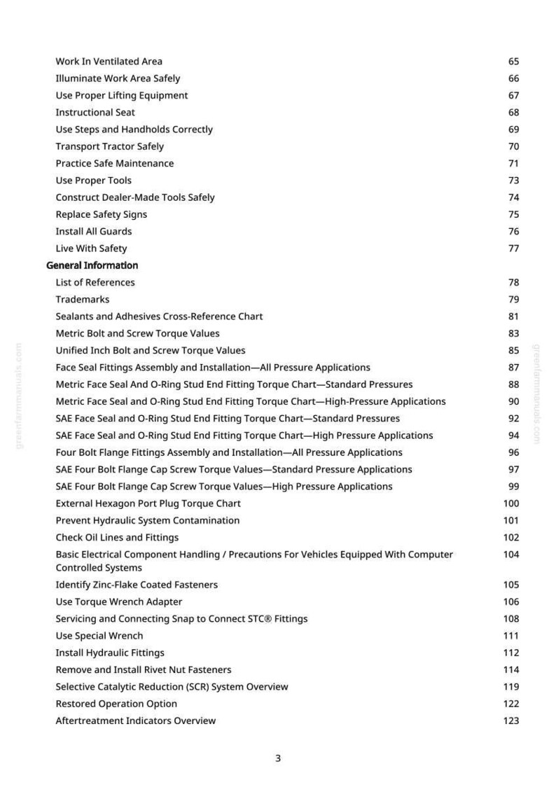 May include: A detailed table of contents from a manual, listing safety procedures and technical information. Topics include safety, tools, and hydraulic fittings. The text is in black on a white background, with page numbers on the right.