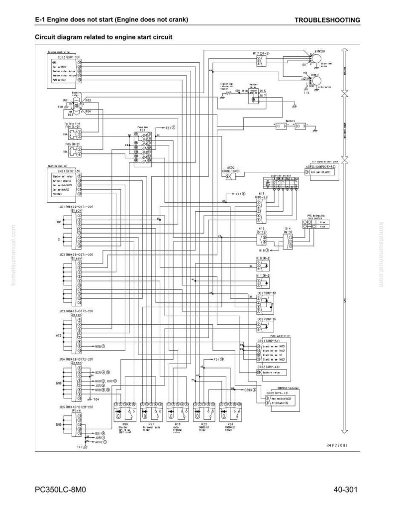 May include: A detailed circuit diagram for an engine start circuit, with the text "E-1 Engine does not start (Engine does not crank)". The diagram includes various components, wiring, and labels, useful for troubleshooting. The diagram is labeled "TROUBLESHOOTING".