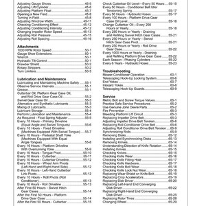 May include: A detailed table of contents from a manual, listing maintenance and service procedures for machinery. The page numbers are listed next to each item, such as "Adjusting Gauge Shoes" and "Replacing Disk Driver."