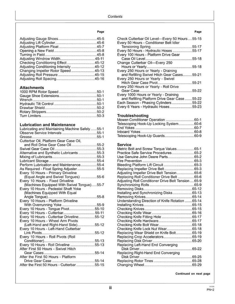 May include: A detailed table of contents from a manual, listing maintenance and service procedures for machinery. The page numbers are listed next to each item, such as "Adjusting Gauge Shoes" and "Replacing Disk Driver."