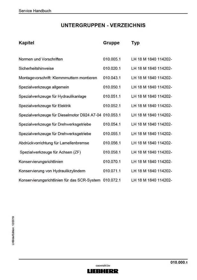 Puede incluir: Documento blanco titulado "Service Handbuch" con una tabla que enumera Untergruppen-Verzeichnis (Directorio de subgrupos). La tabla incluye las columnas Kapitel (Cap&iacute;tulo), Gruppe (Grupo) y Typ (Tipo). Documento de Liebherr.