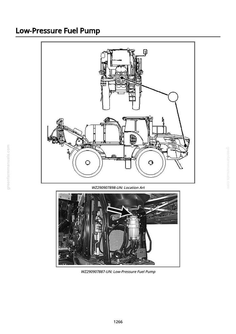 May include: Diagram of a low-pressure fuel pump, with two views of a tractor and a close-up of the pump's location. The text "Low-Pressure Fuel Pump" and "WZ290907887-UN: Low-Pressure Fuel Pump" are visible.