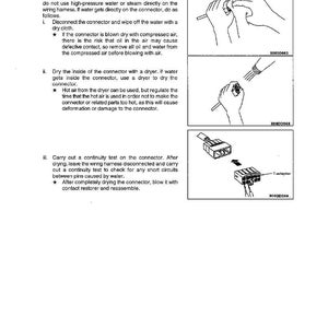 May include: A page from a manual with troubleshooting instructions for a wiring harness. The text includes steps for drying and cleaning connectors, with illustrations showing the process. The page is titled "Troubleshooting" and "Precautions When Carrying Out Maintenance."