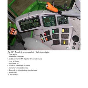 Puede incluir: Primer plano de un panel de control de tractor con varios botones, interruptores y pantallas. El panel es gris y verde, con un joystick naranja. La imagen est&aacute; etiquetada como "CABINE".