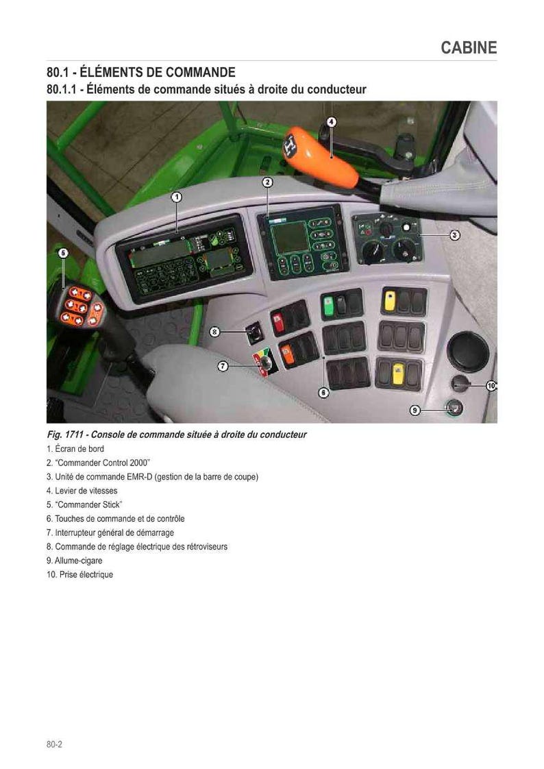 Puede incluir: Primer plano de un panel de control de tractor con varios botones, interruptores y pantallas. El panel es gris y verde, con un joystick naranja. La imagen est&aacute; etiquetada como "CABINE".
