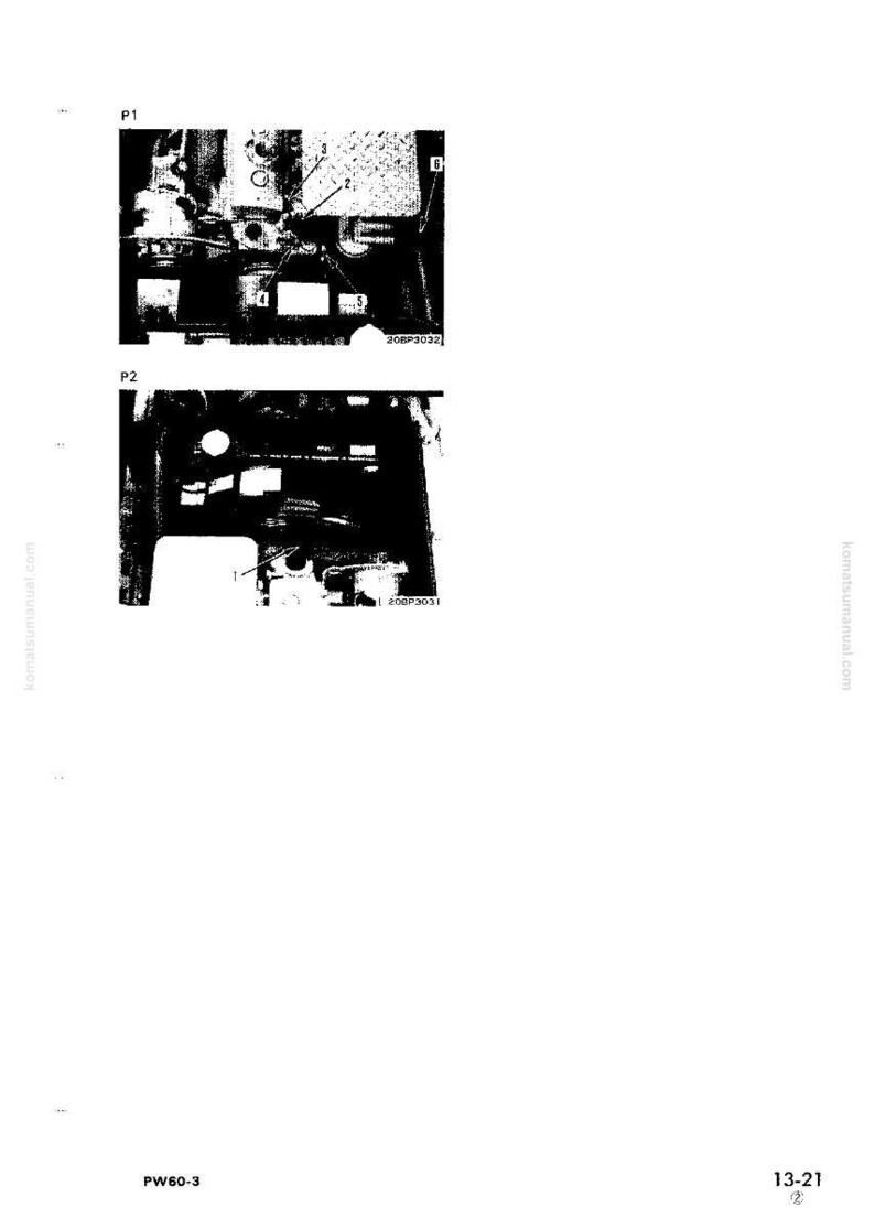 May include: Technical diagram with two detailed sections labeled P1 and P2. The top section, P1, shows a close-up of mechanical components with numbered labels. The bottom section, P2, presents another view of similar parts. Text at the bottom reads "PW60-3" and "13-21".